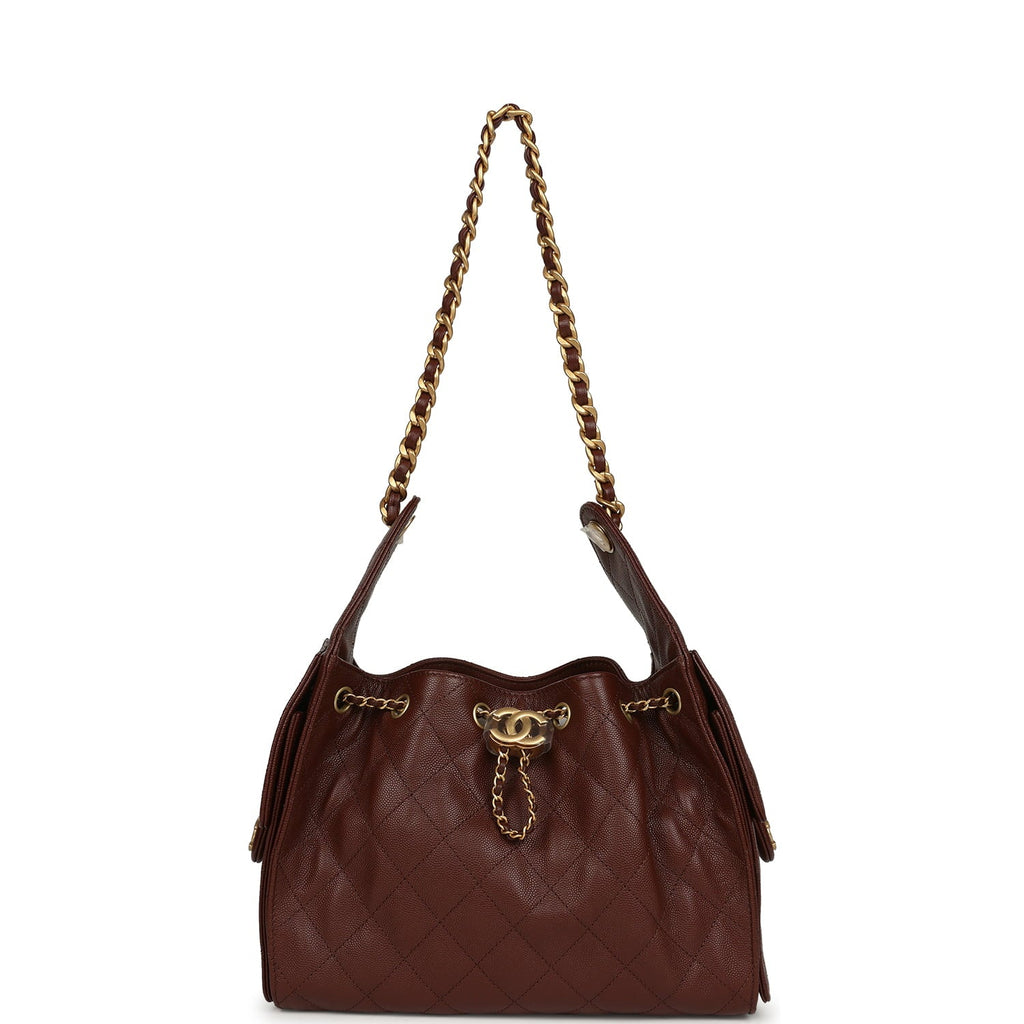 Chanel Small 25 Hobo Bag Brown Caviar Antique Gold Hardware