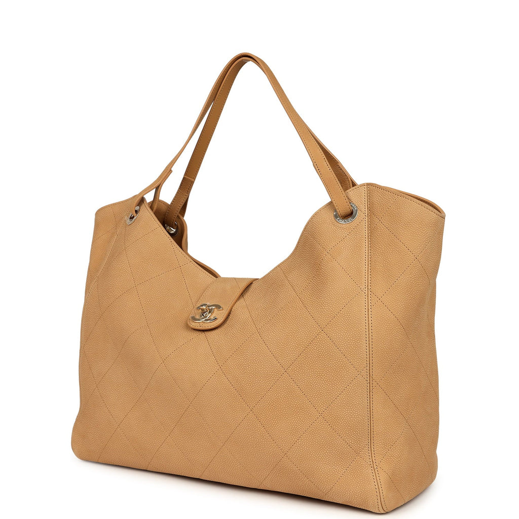 Chanel Maxi Shopping Bag Beige Grained Nubuck Calfskin Light Gold Hardware