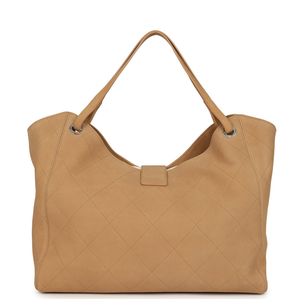 Chanel Maxi Shopping Bag Beige Grained Nubuck Calfskin Light Gold Hardware