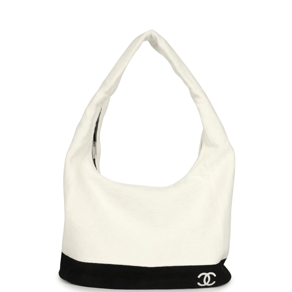 Chanel CC Beach Hobo Bag and Towel Set White and Black Terry Silver Hardware