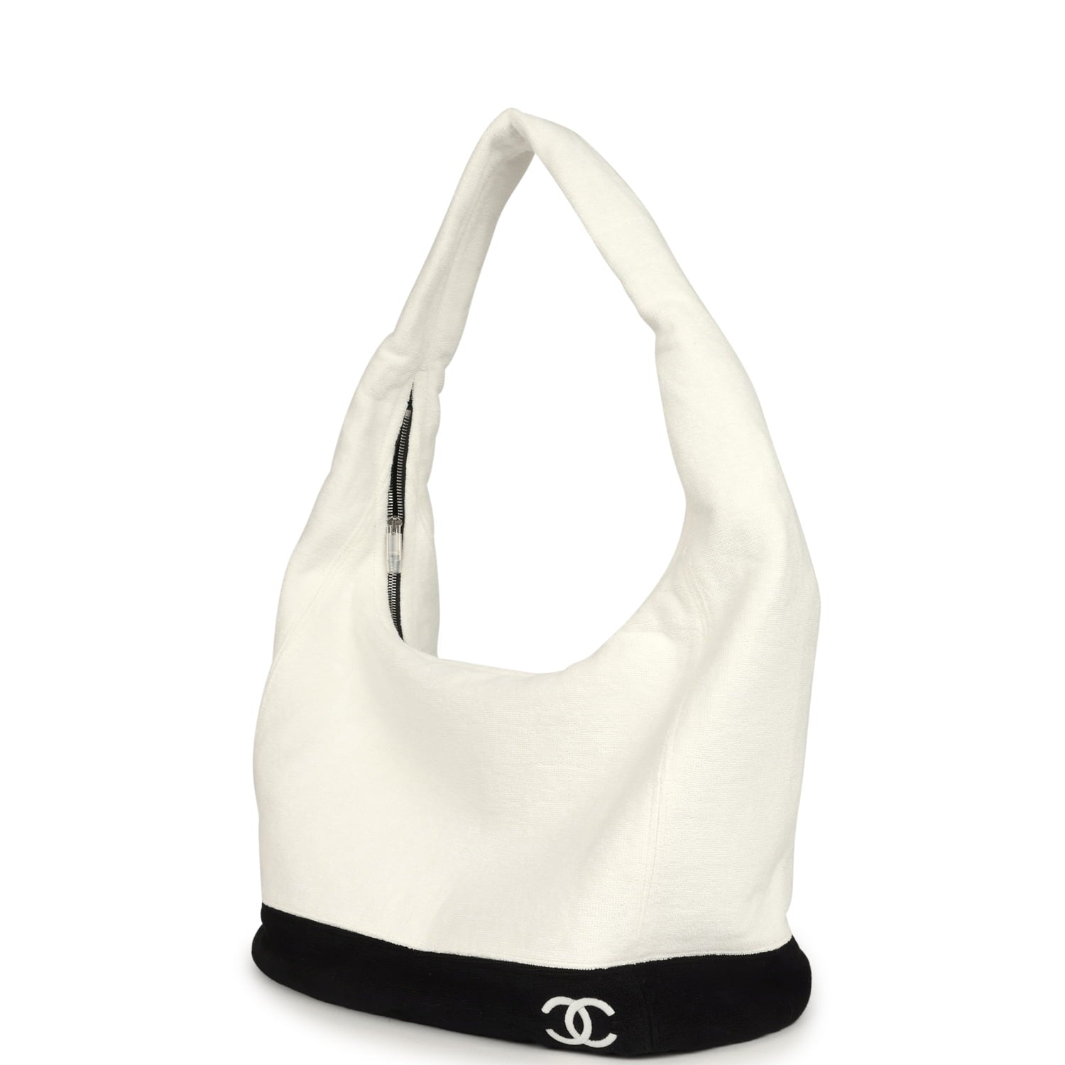 Chanel CC Beach Hobo Bag and Towel Set White and Black Terry Silver Hardware