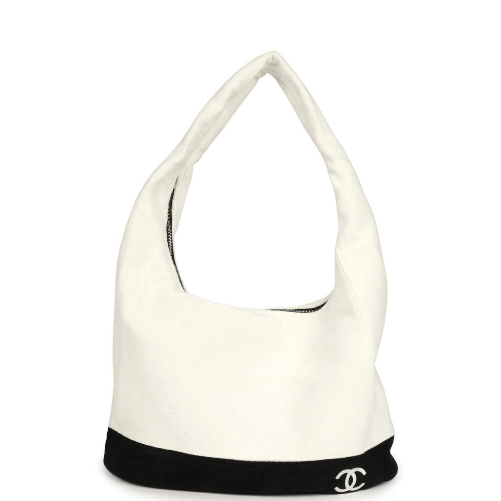 Chanel CC Beach Hobo Bag and Towel Set White and Black Terry Silver Hardware