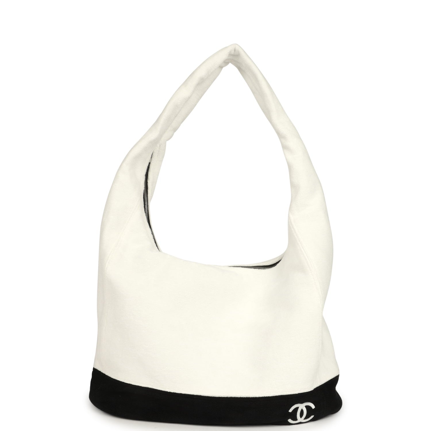 Chanel CC Beach Hobo Bag and Towel Set White and Black Terry Silver Hardware