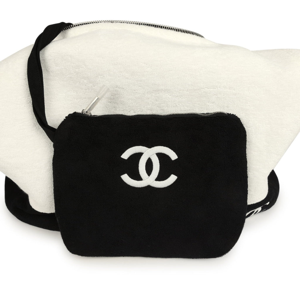 Chanel CC Beach Hobo Bag and Towel Set White and Black Terry Silver Hardware