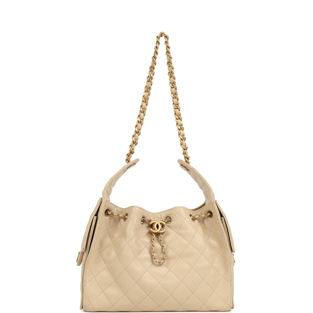 Chanel Small 25 Hobo Bag Beige Caviar Antique Gold Hardware