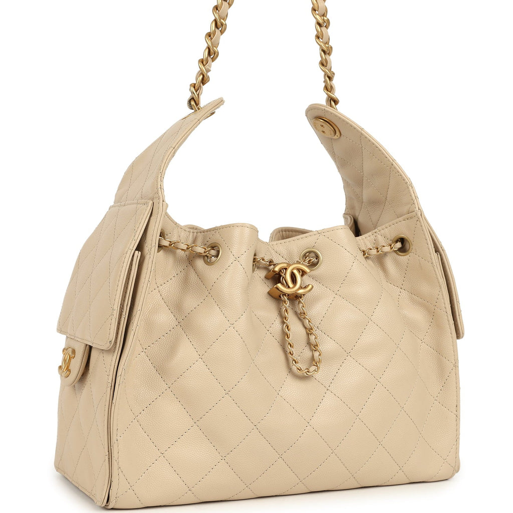 Chanel Small 25 Hobo Bag Beige Caviar Antique Gold Hardware