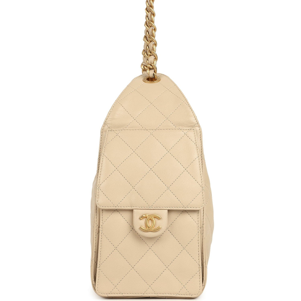Chanel Small 25 Hobo Bag Beige Caviar Antique Gold Hardware