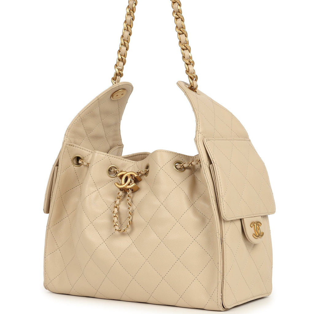 Chanel Small 25 Hobo Bag Beige Caviar Antique Gold Hardware