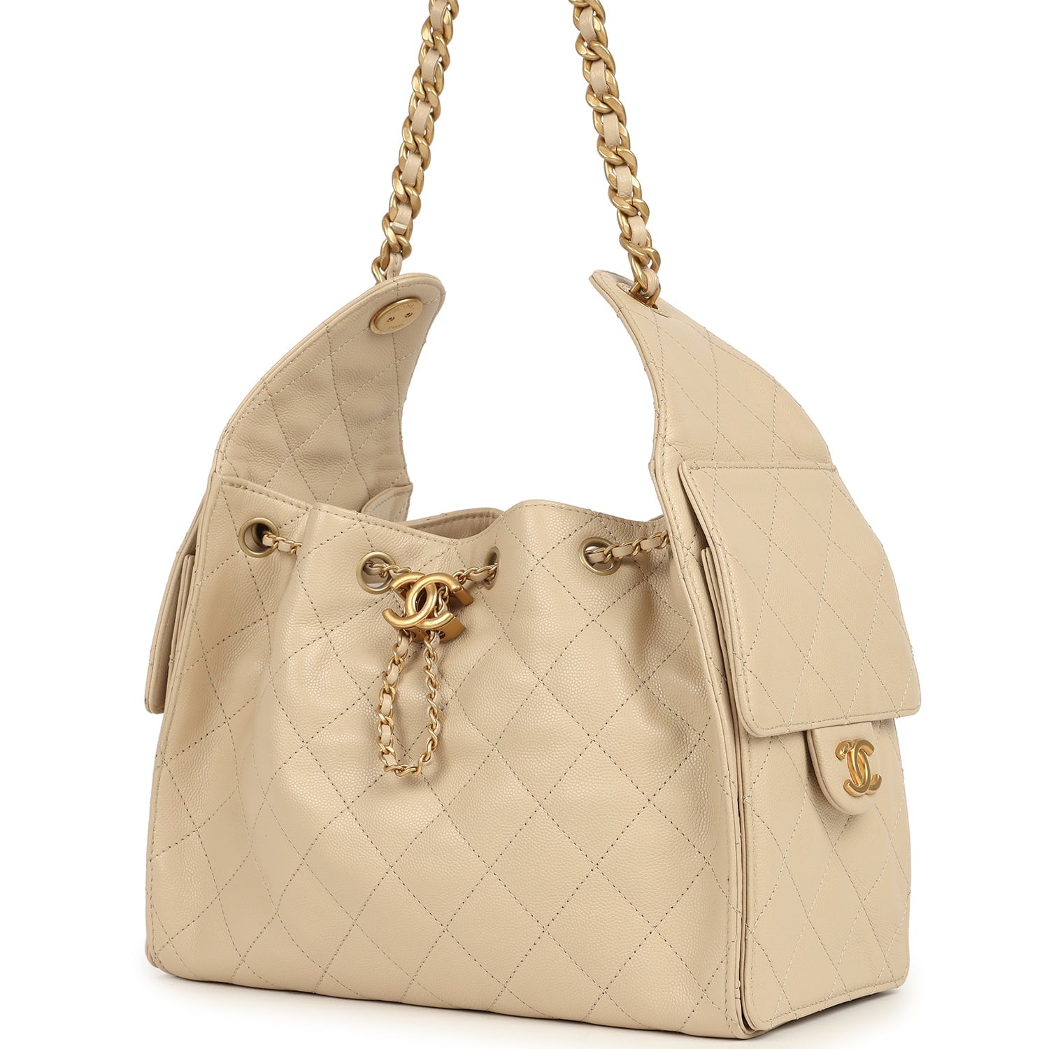 Chanel Small 25 Hobo Bag Beige Caviar Antique Gold Hardware
