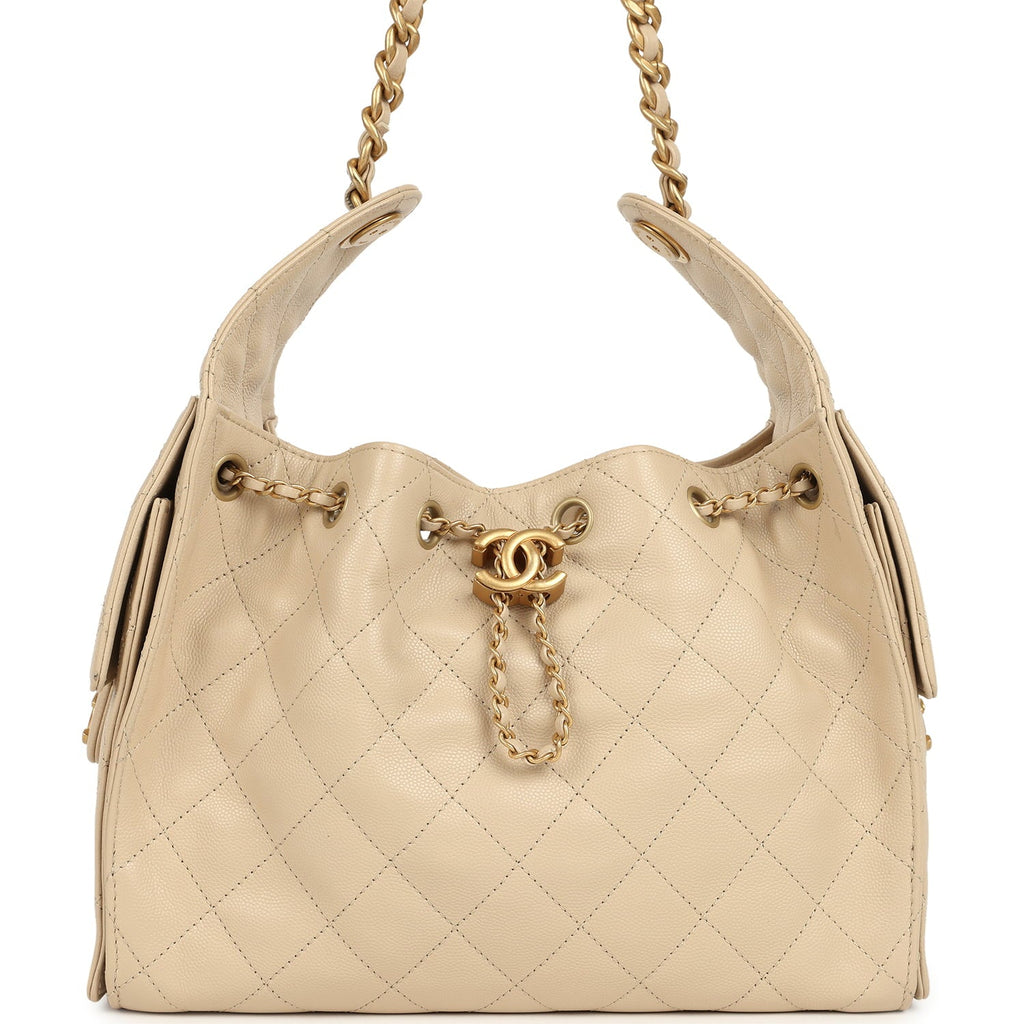 Chanel Small 25 Hobo Bag Beige Caviar Antique Gold Hardware