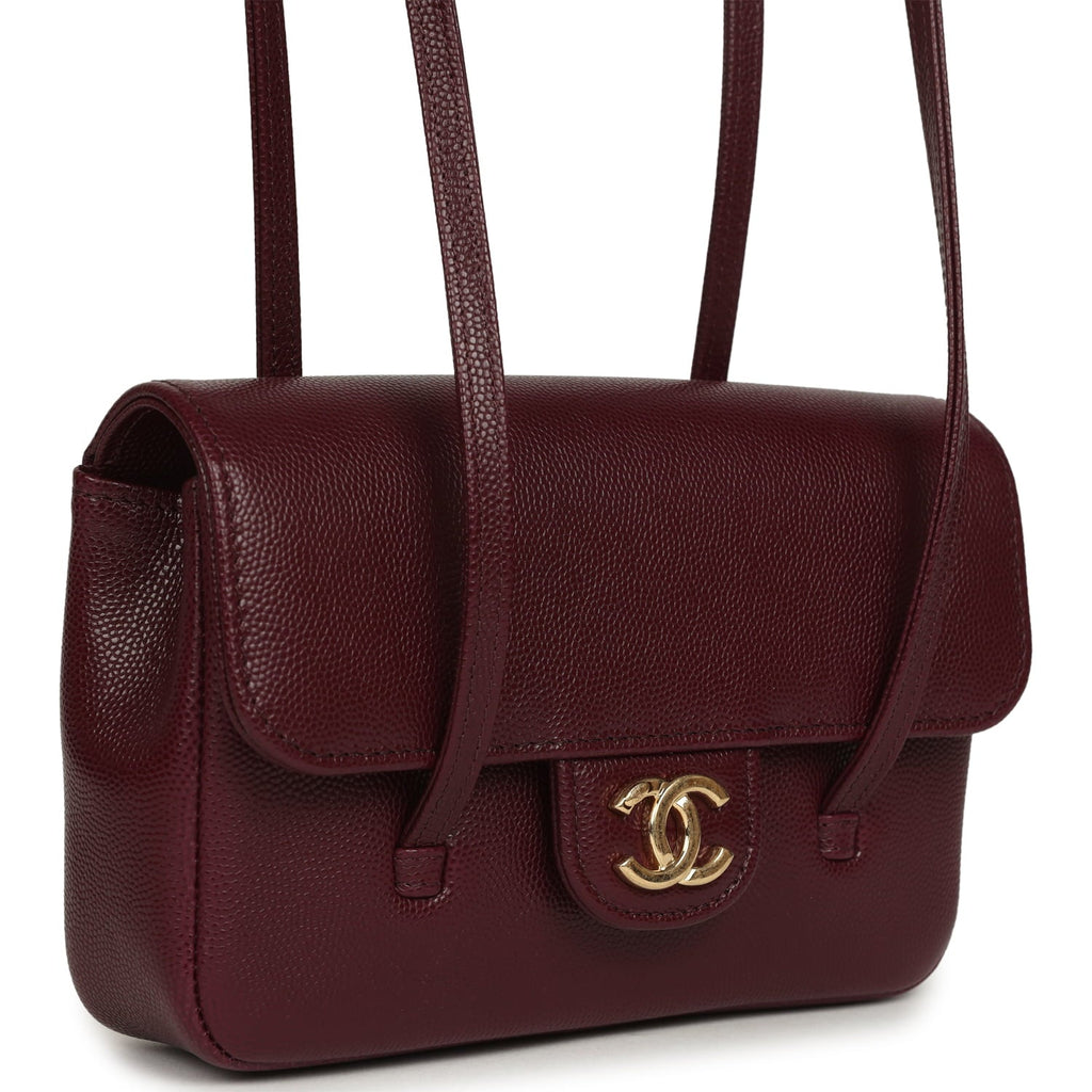 Chanel Mini Preppy Coco Clutch with Straps Dark Burgundy Shiny Caviar Brushed Gold Hardware