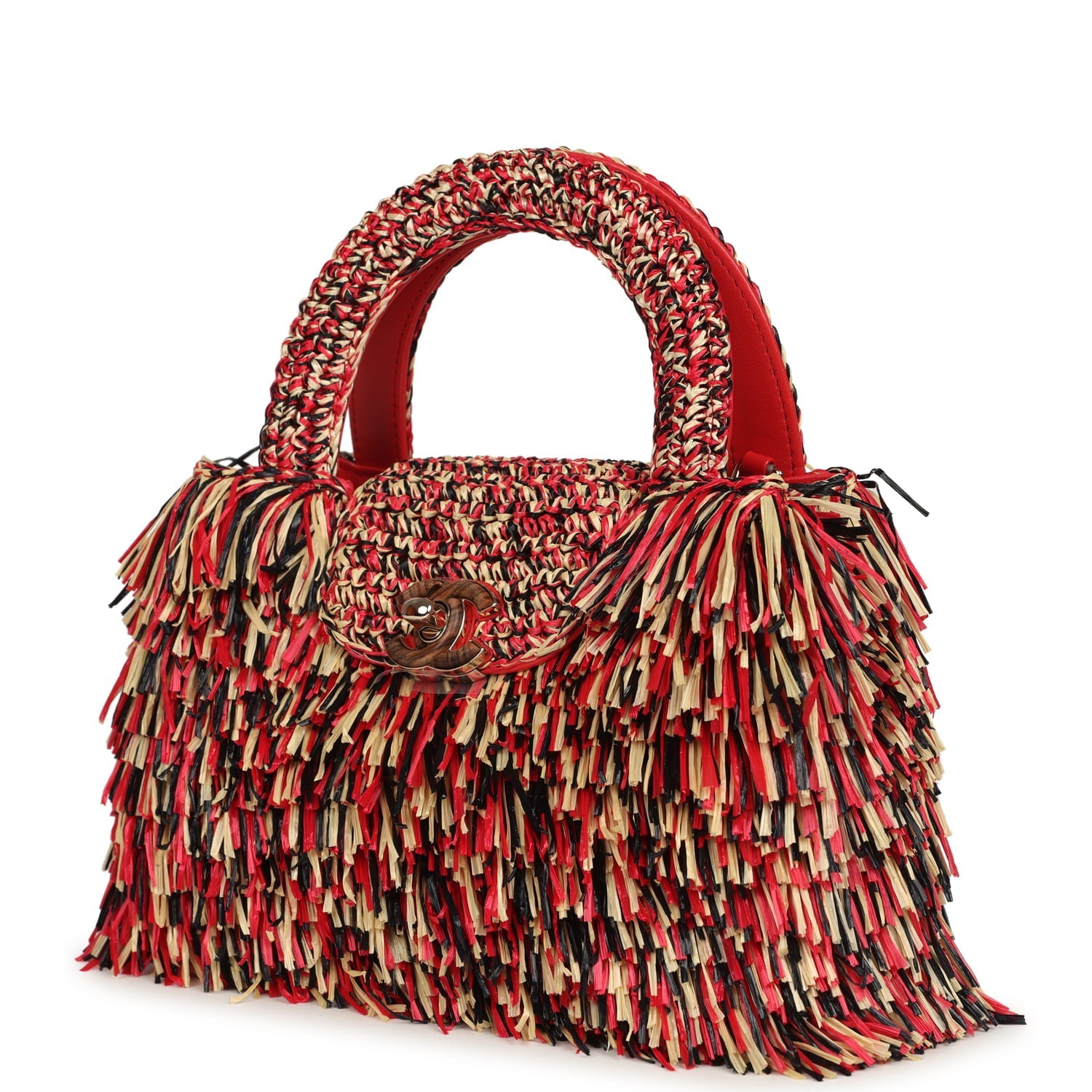 Chanel Small Fringe Kelly Red, Beige, Black Raffia Wood and Light Gold Hardware