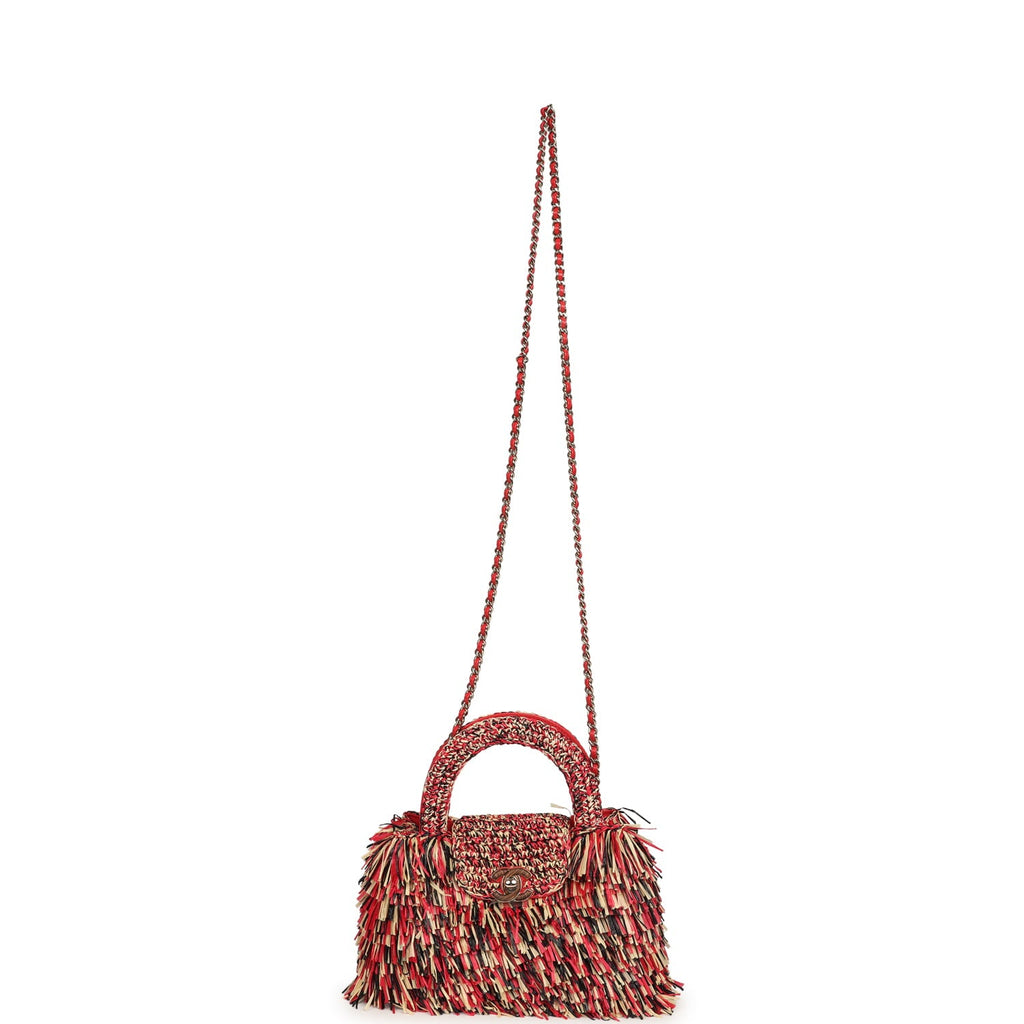 Chanel Small Fringe Kelly Red, Beige, Black Raffia Wood and Light Gold Hardware