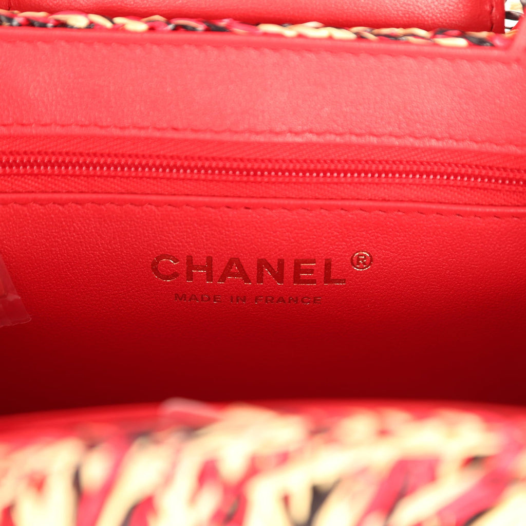 Chanel Small Fringe Kelly Red, Beige, Black Raffia Wood and Light Gold Hardware