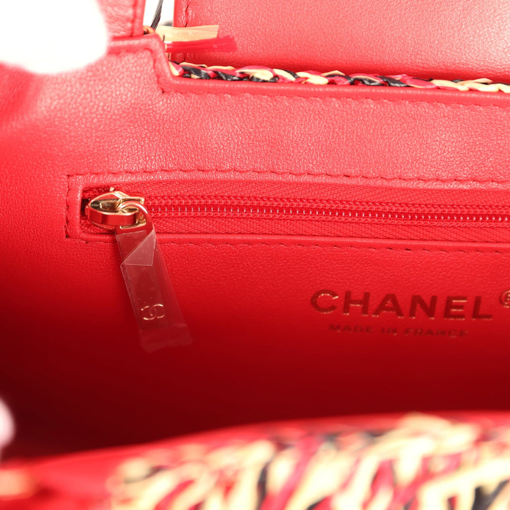 Chanel Small Fringe Kelly Red, Beige, Black Raffia Wood and Light Gold Hardware