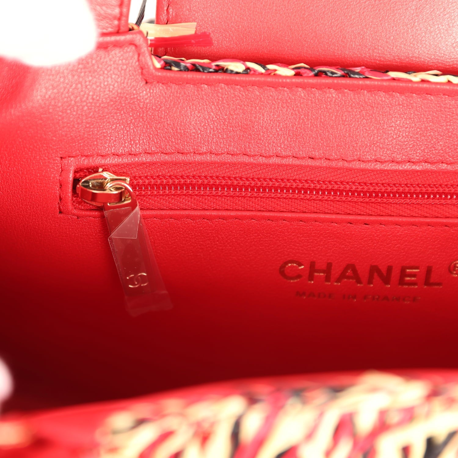 Chanel Small Fringe Kelly Red, Beige, Black Raffia Wood and Light Gold Hardware