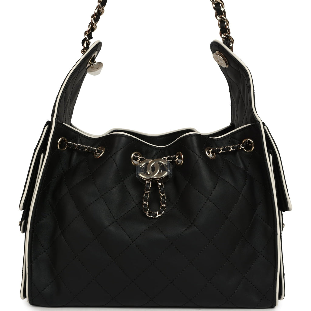 Chanel Small 25 Hobo Bag Black and White Calfskin Light Gold Hardware