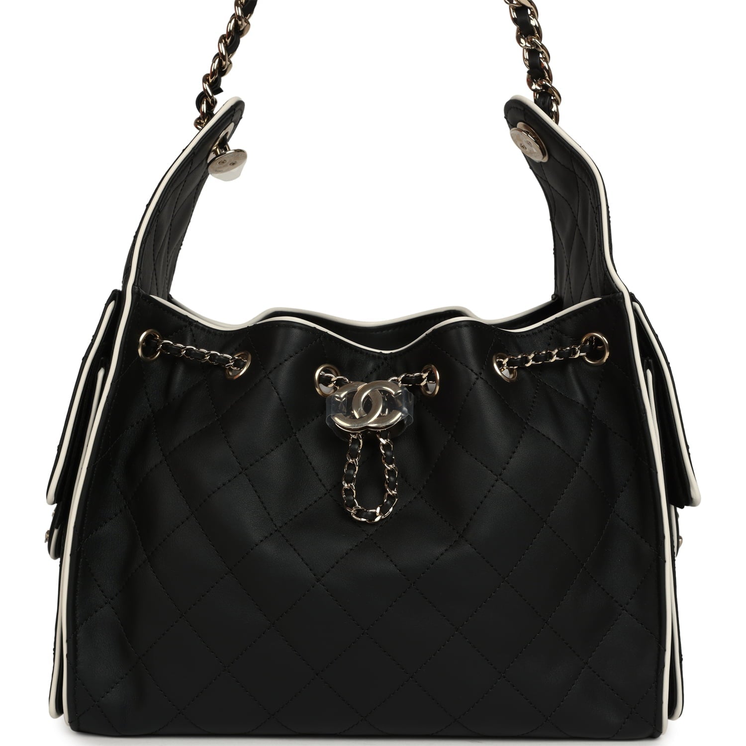 Chanel Small 25 Hobo Bag Black and White Calfskin Light Gold Hardware