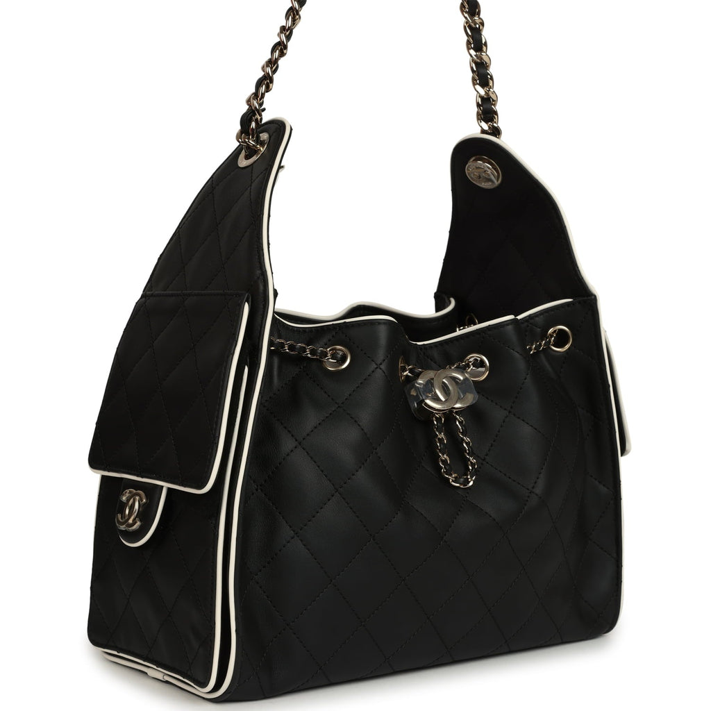 Chanel Small 25 Hobo Bag Black and White Calfskin Light Gold Hardware