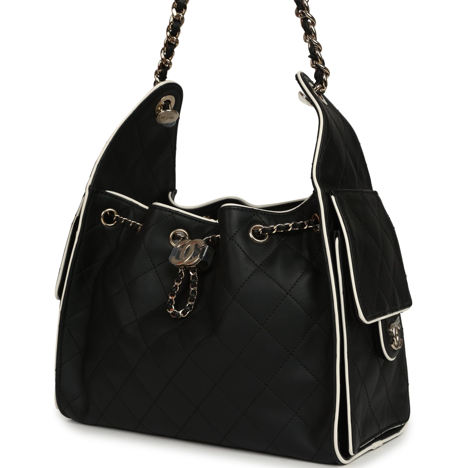 Chanel Small 25 Hobo Bag Black and White Calfskin Light Gold Hardware