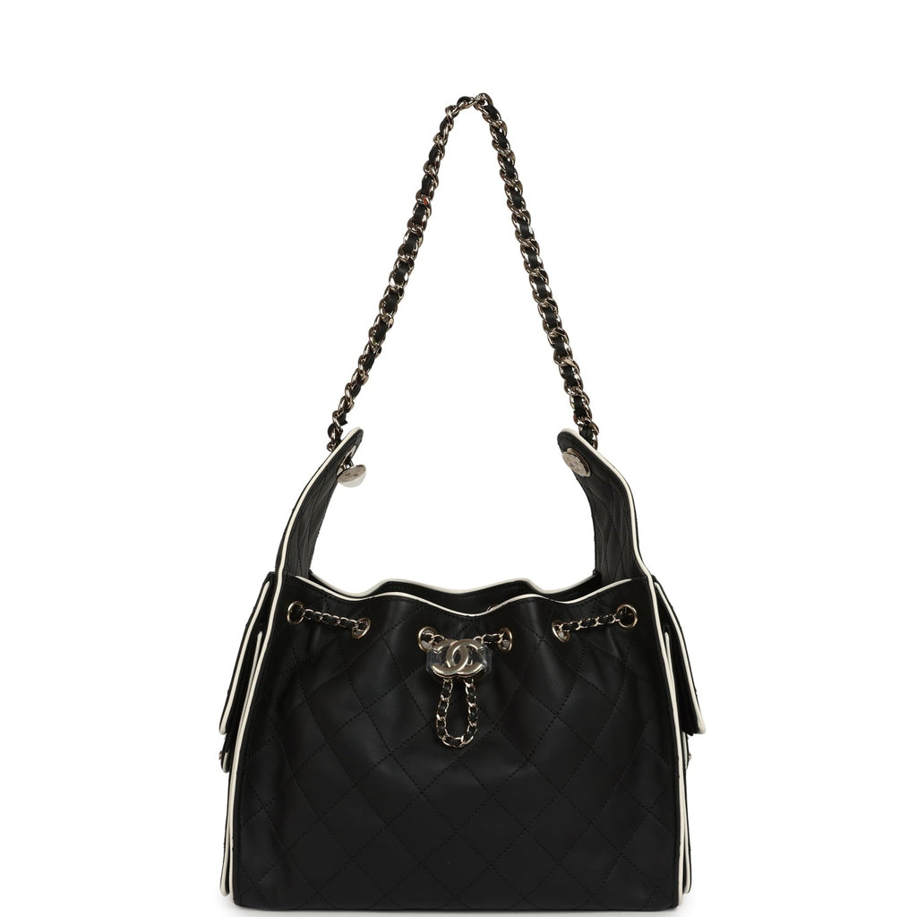 Chanel Small 25 Hobo Bag Black and White Calfskin Light Gold Hardware