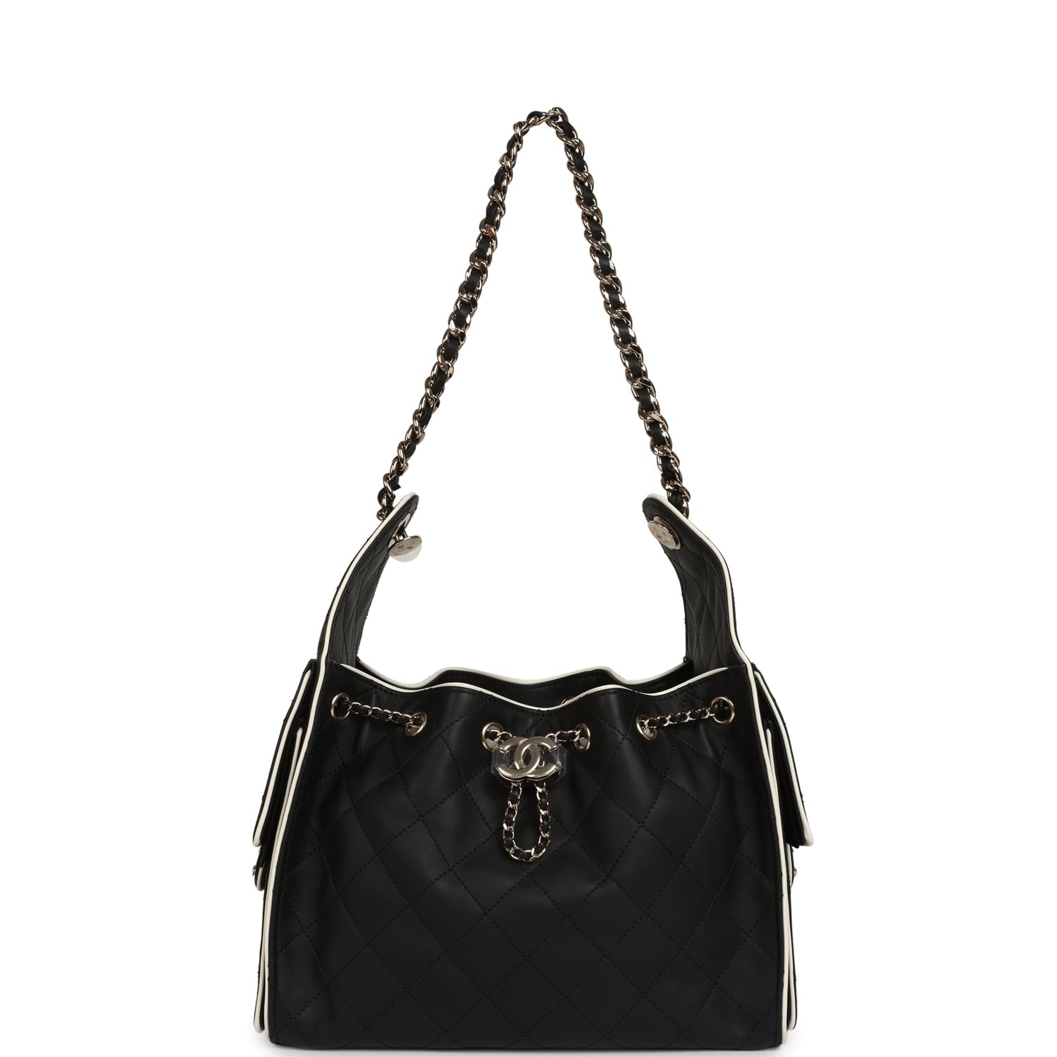 Chanel Small 25 Hobo Bag Black and White Calfskin Light Gold Hardware