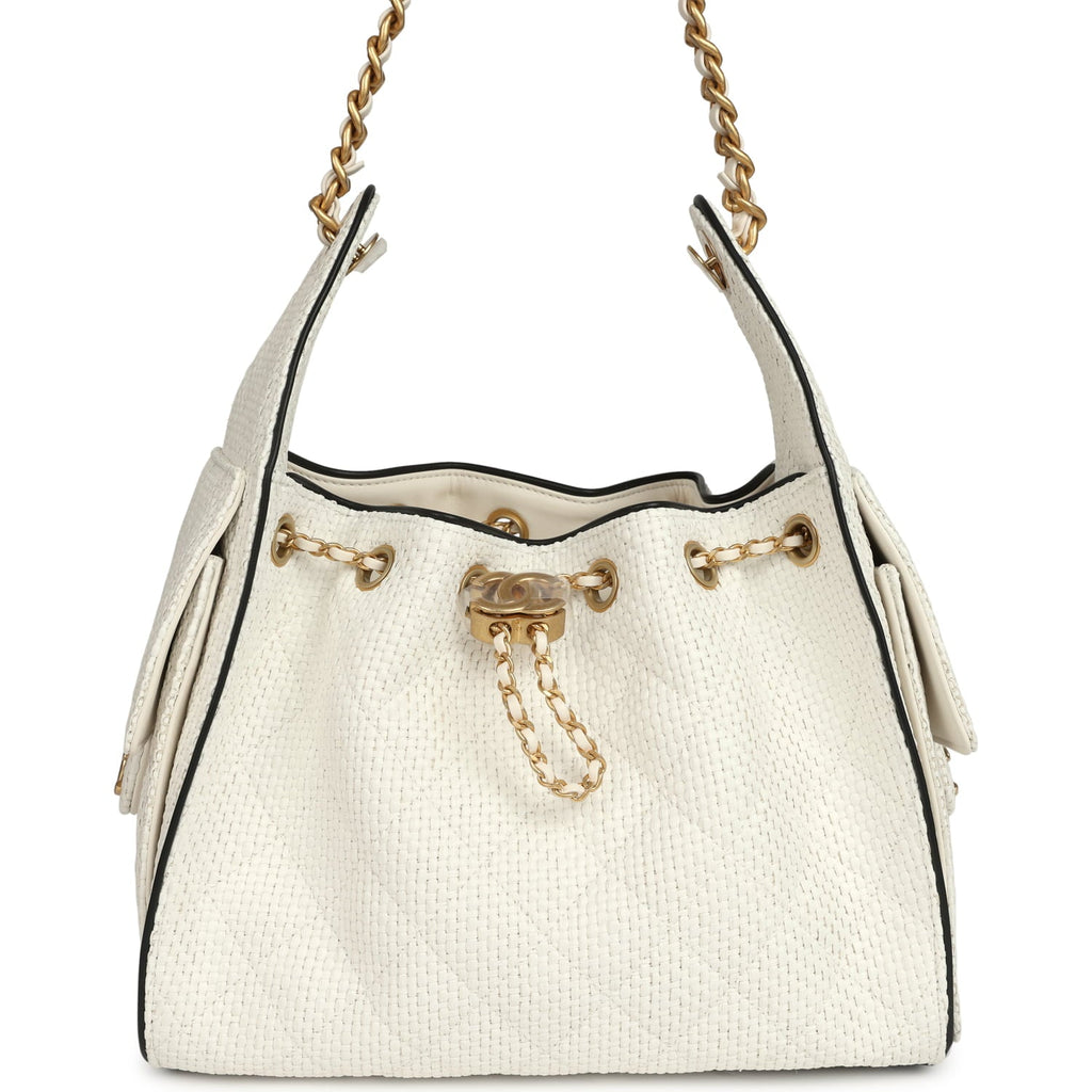 Chanel Small 25 Hobo Bag White Raffia and Black Calfskin Antique Gold Hardware