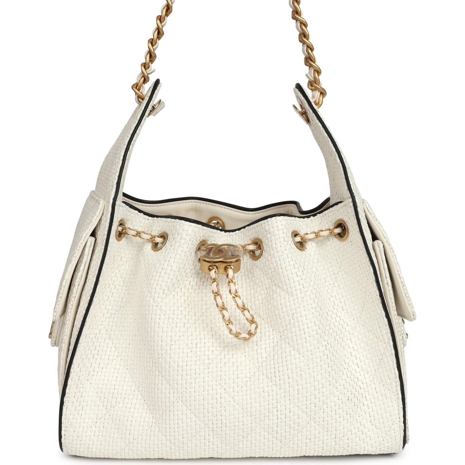 Chanel Small 25 Hobo Bag White Raffia and Black Calfskin Antique Gold Hardware