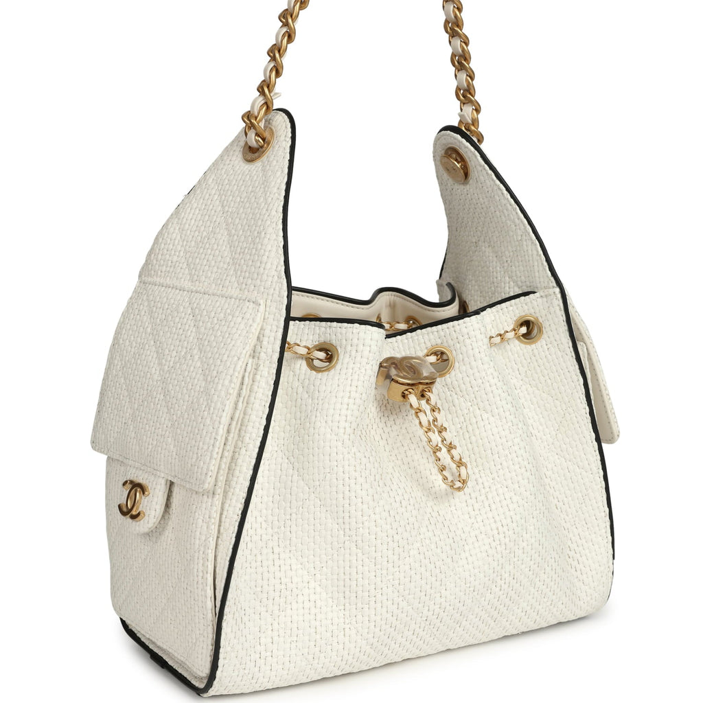 Chanel Small 25 Hobo Bag White Raffia and Black Calfskin Antique Gold Hardware