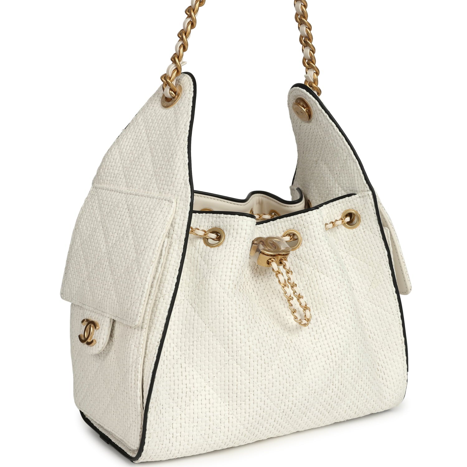 Chanel Small 25 Hobo Bag White Raffia and Black Calfskin Antique Gold Hardware