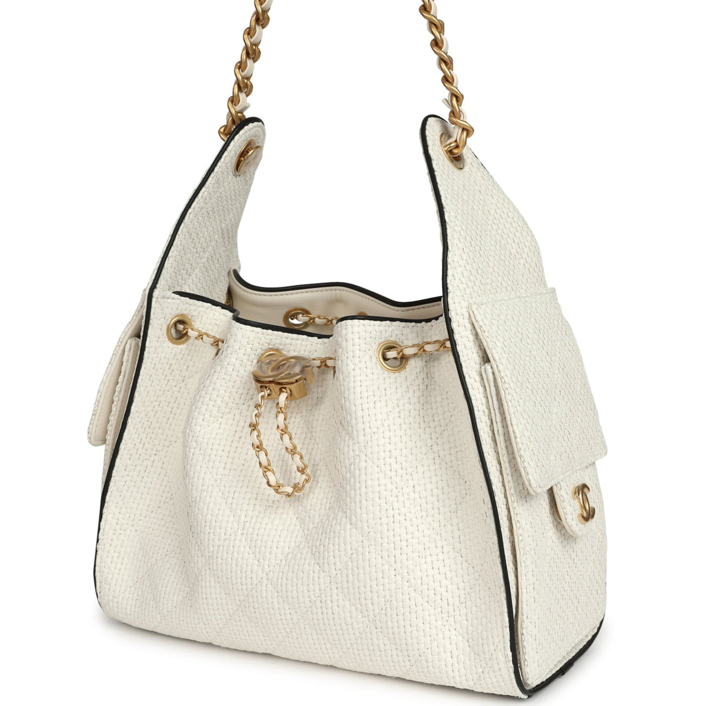 Chanel Small 25 Hobo Bag White Raffia and Black Calfskin Antique Gold Hardware