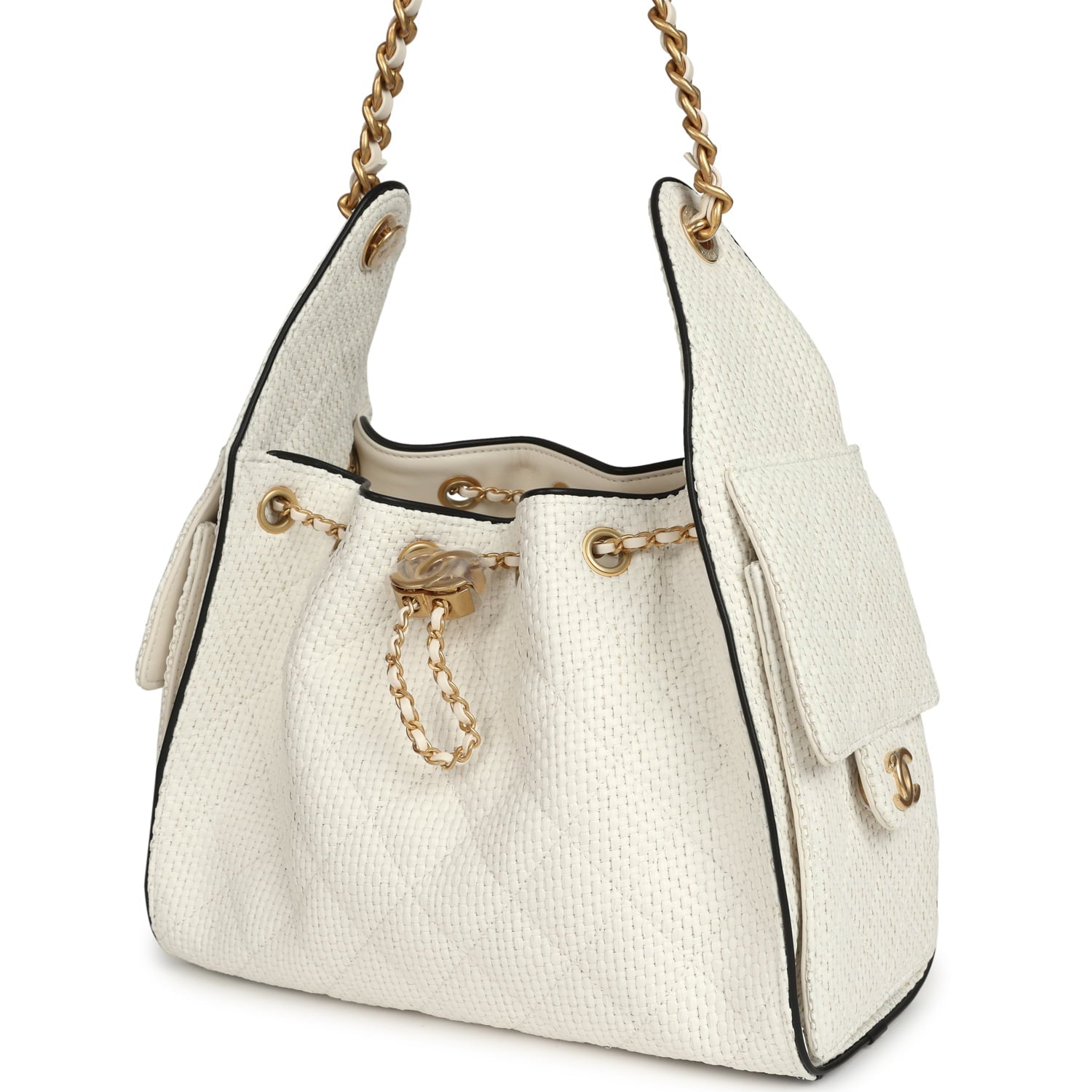 Chanel Small 25 Hobo Bag White Raffia and Black Calfskin Antique Gold Hardware