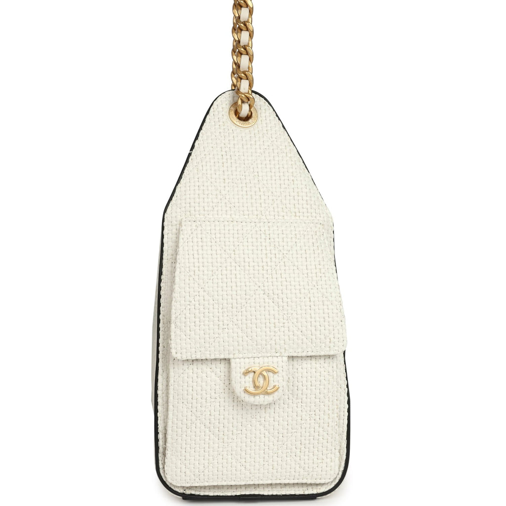 Chanel Small 25 Hobo Bag White Raffia and Black Calfskin Antique Gold Hardware