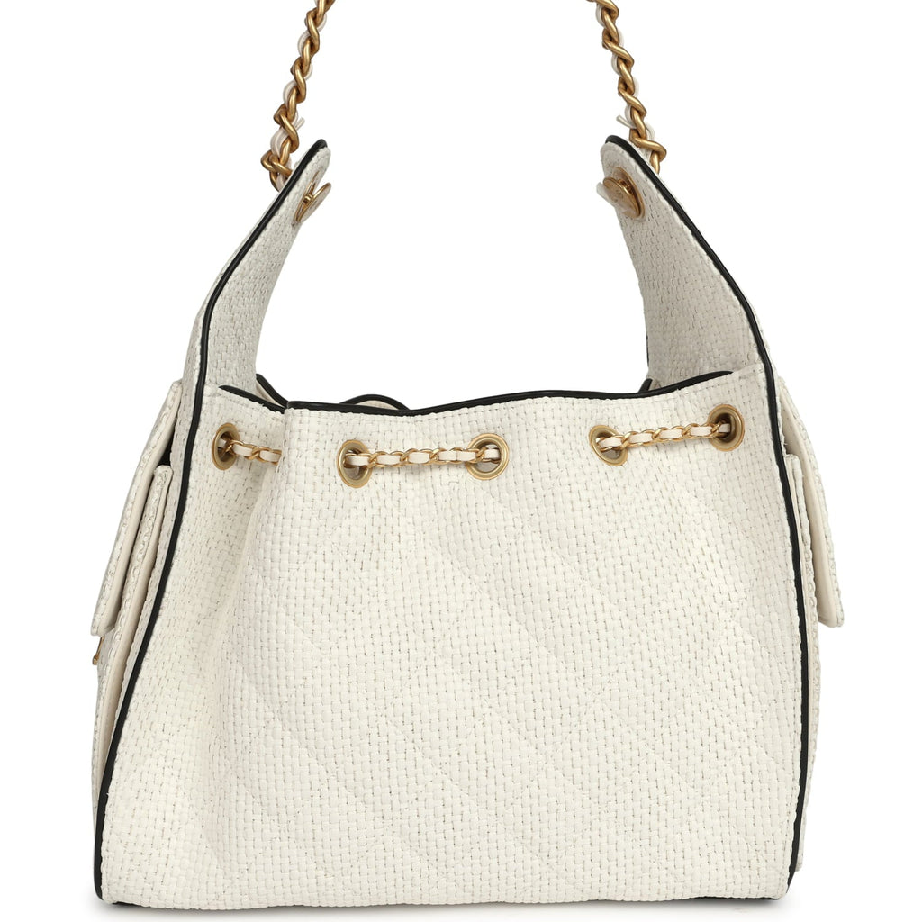 Chanel Small 25 Hobo Bag White Raffia and Black Calfskin Antique Gold Hardware