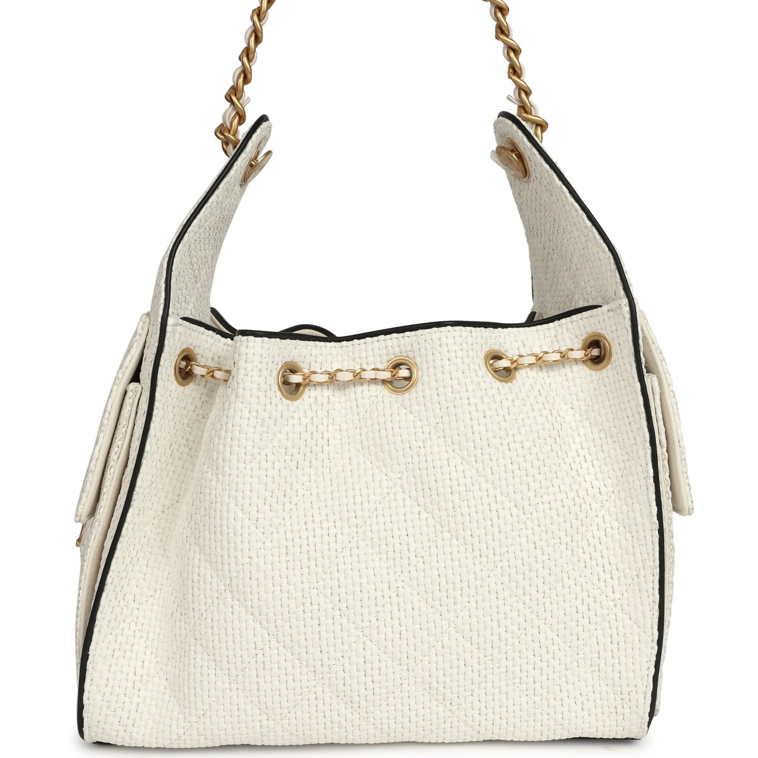 Chanel Small 25 Hobo Bag White Raffia and Black Calfskin Antique Gold Hardware