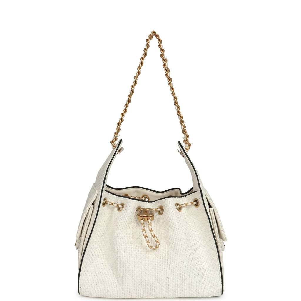 Chanel Small 25 Hobo Bag White Raffia and Black Calfskin Antique Gold Hardware