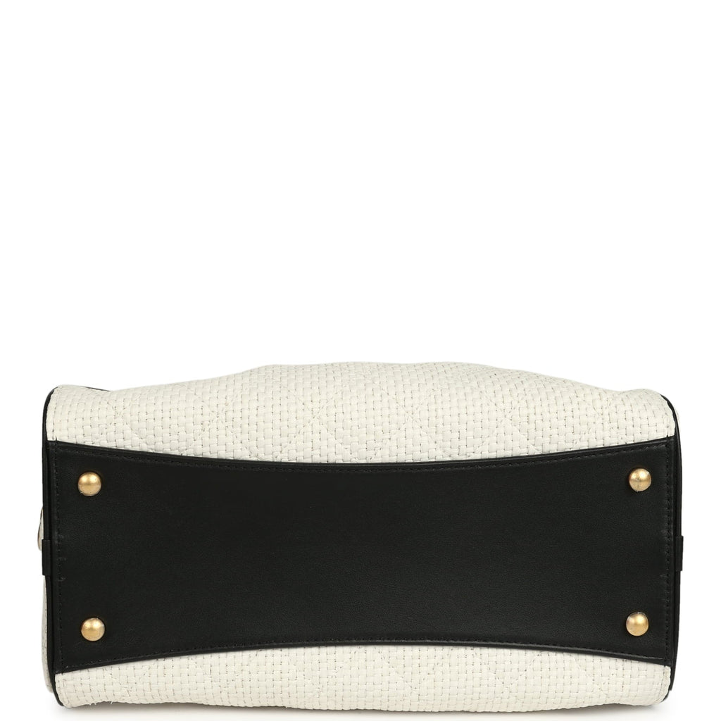 Chanel Small 25 Hobo Bag White Raffia and Black Calfskin Antique Gold Hardware