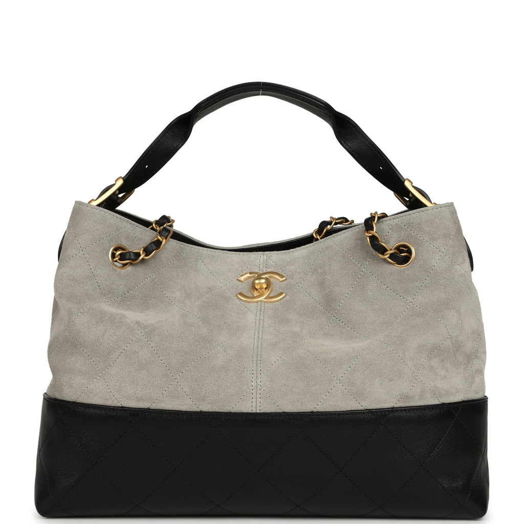 Chanel Small Coco Base Hobo Bag Grey Suede and Black Shiny Lambskin Brushed Gold Hardware