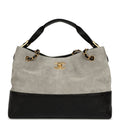 Chanel Small Coco Base Hobo Bag Grey Suede and Black Shiny Lambskin Brushed Gold Hardware