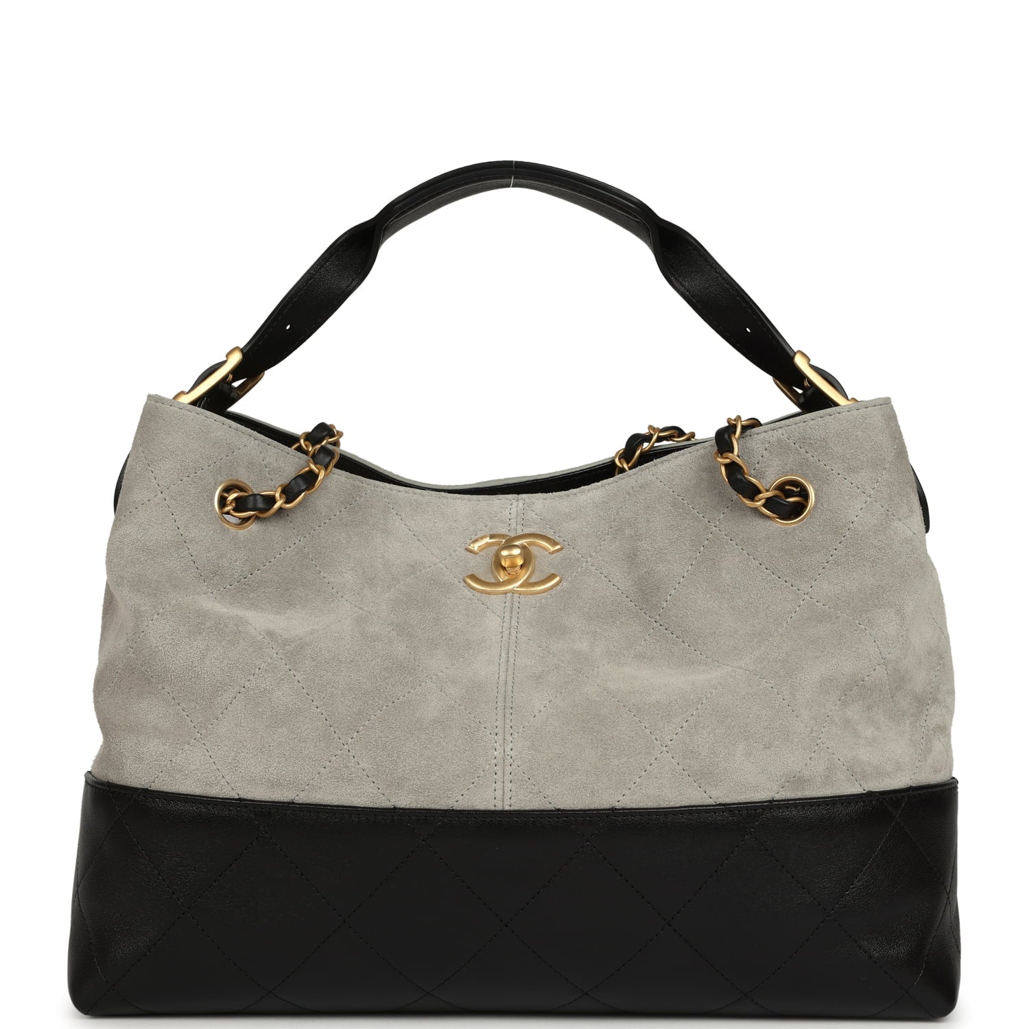 Chanel Small Coco Base Hobo Bag Grey Suede and Black Shiny Lambskin Brushed Gold Hardware