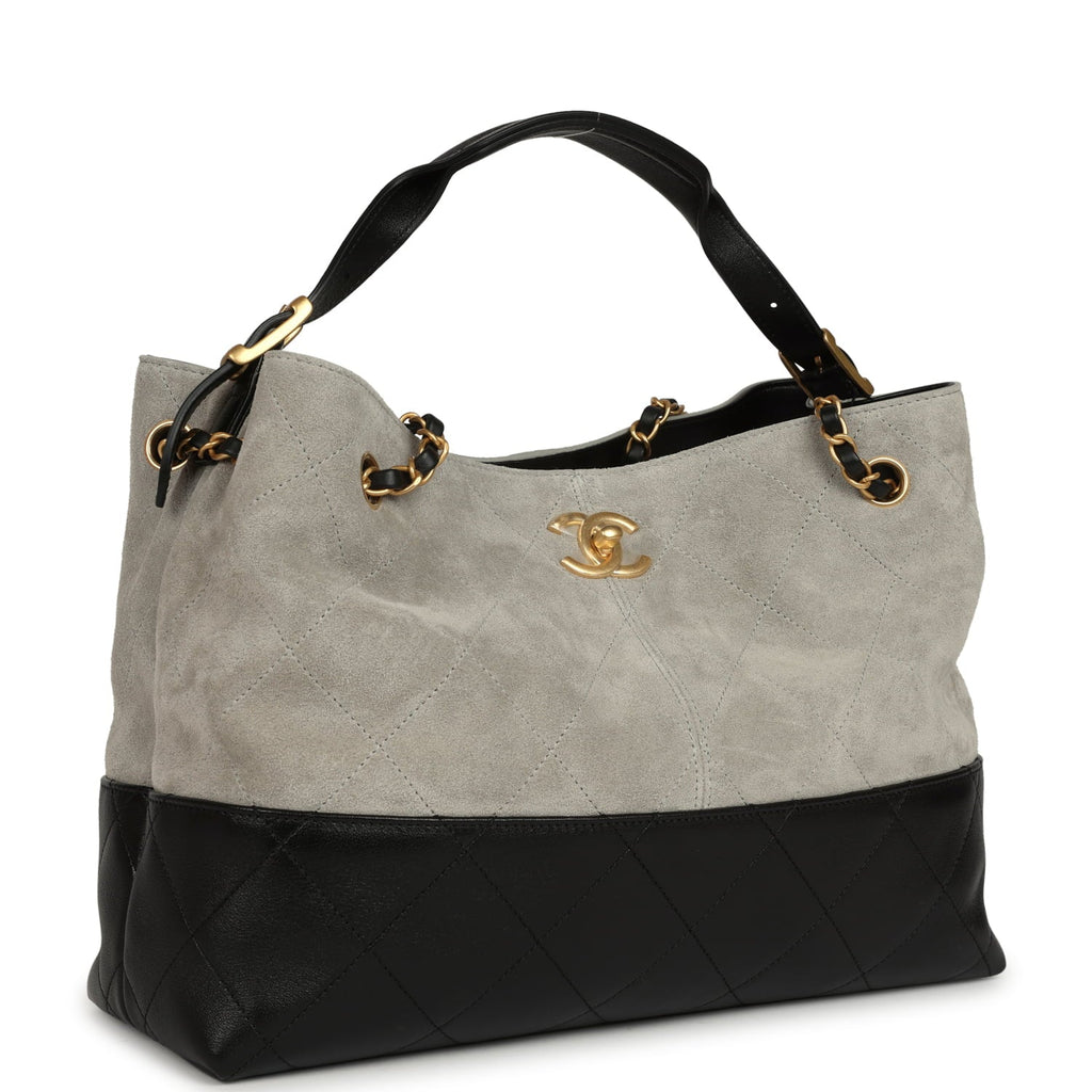 Chanel Small Coco Base Hobo Bag Grey Suede and Black Shiny Lambskin Brushed Gold Hardware