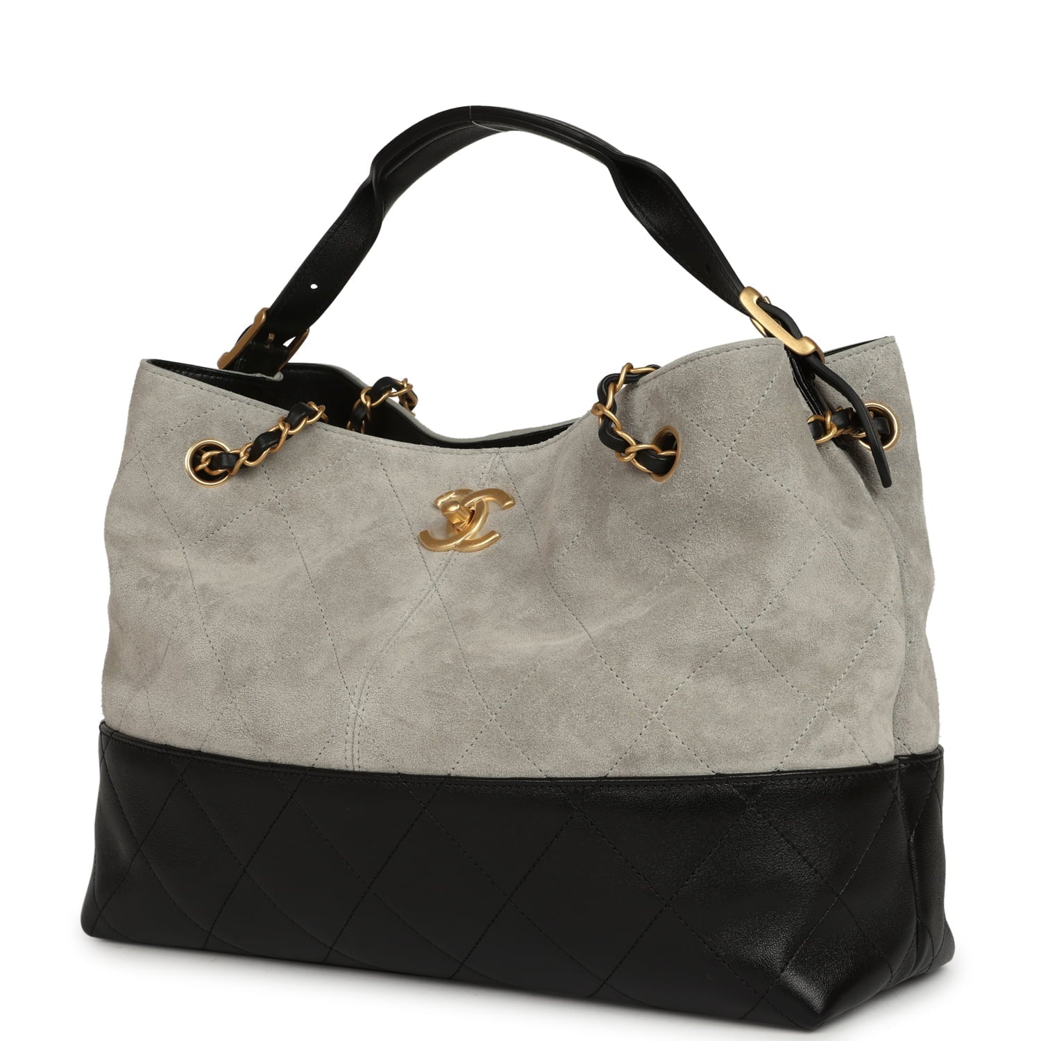 Chanel Small Coco Base Hobo Bag Grey Suede and Black Shiny Lambskin Brushed Gold Hardware