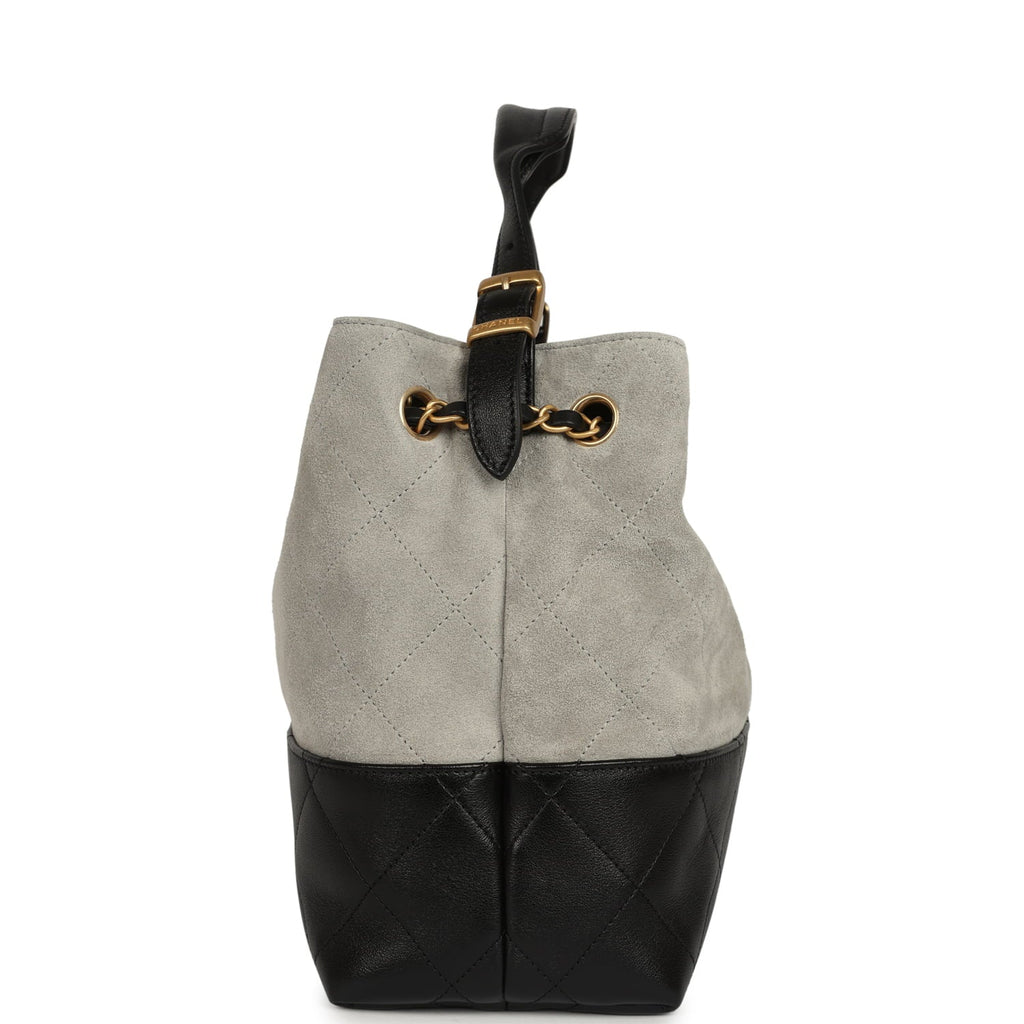 Chanel Small Coco Base Hobo Bag Grey Suede and Black Shiny Lambskin Brushed Gold Hardware