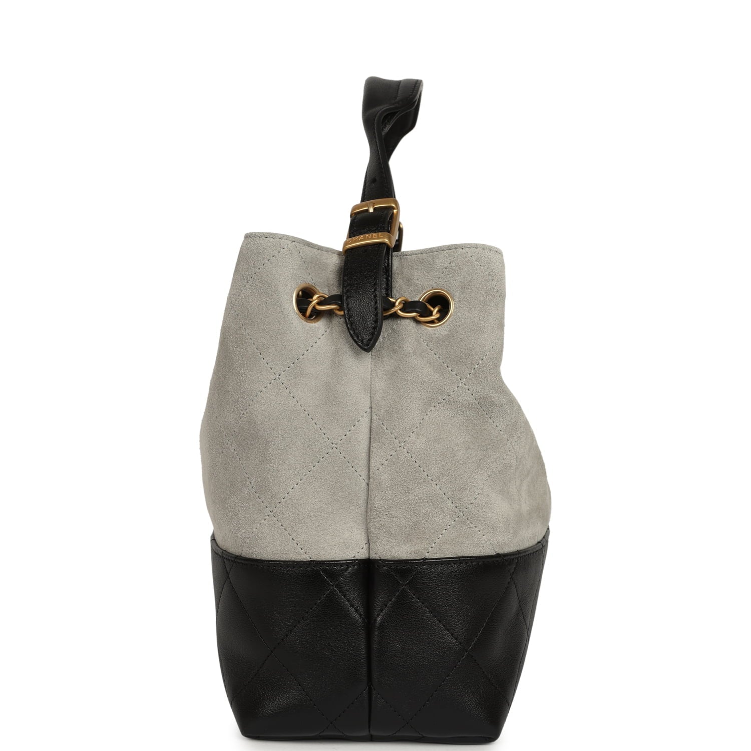 Chanel Small Coco Base Hobo Bag Grey Suede and Black Shiny Lambskin Brushed Gold Hardware