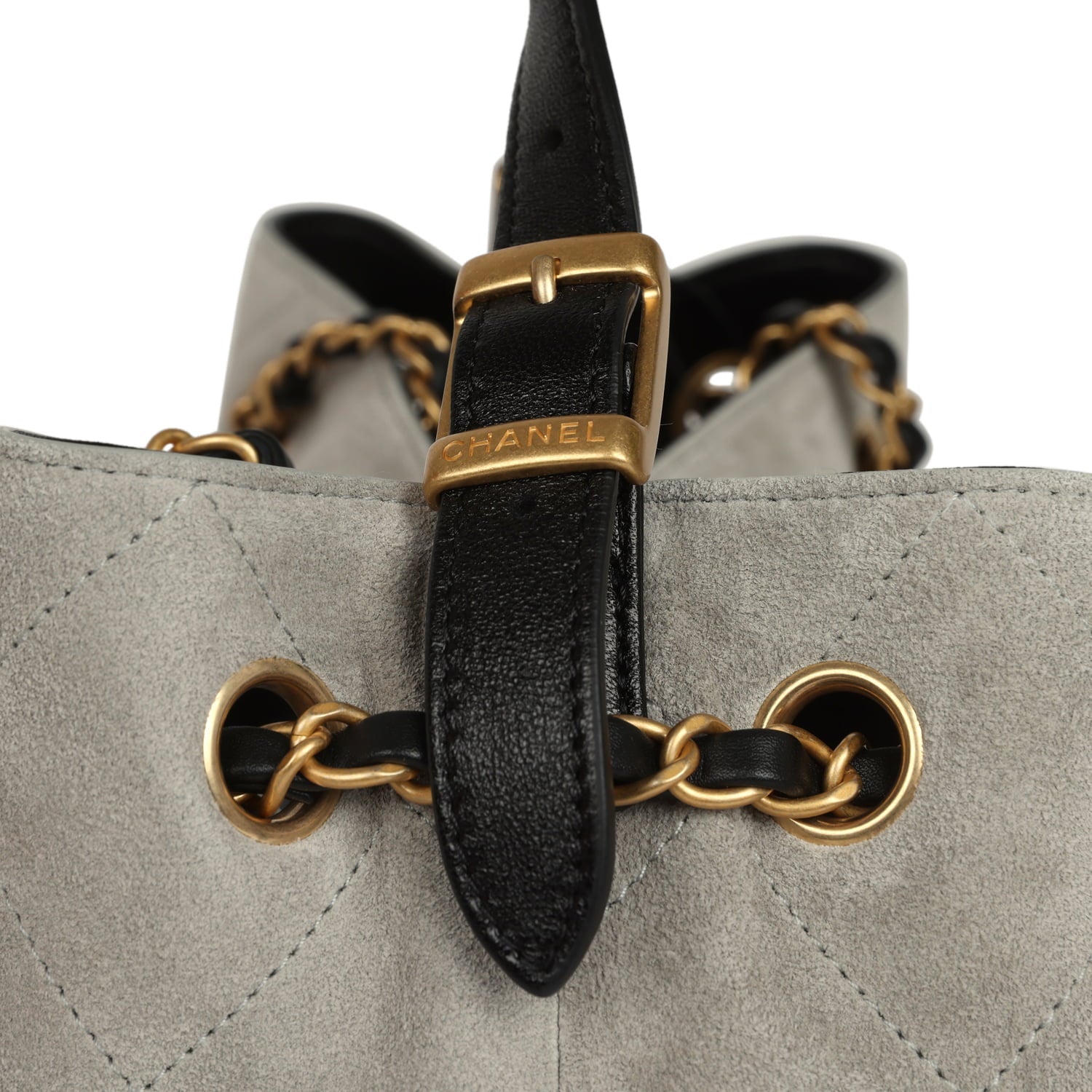 Chanel Small Coco Base Hobo Bag Grey Suede and Black Shiny Lambskin Brushed Gold Hardware