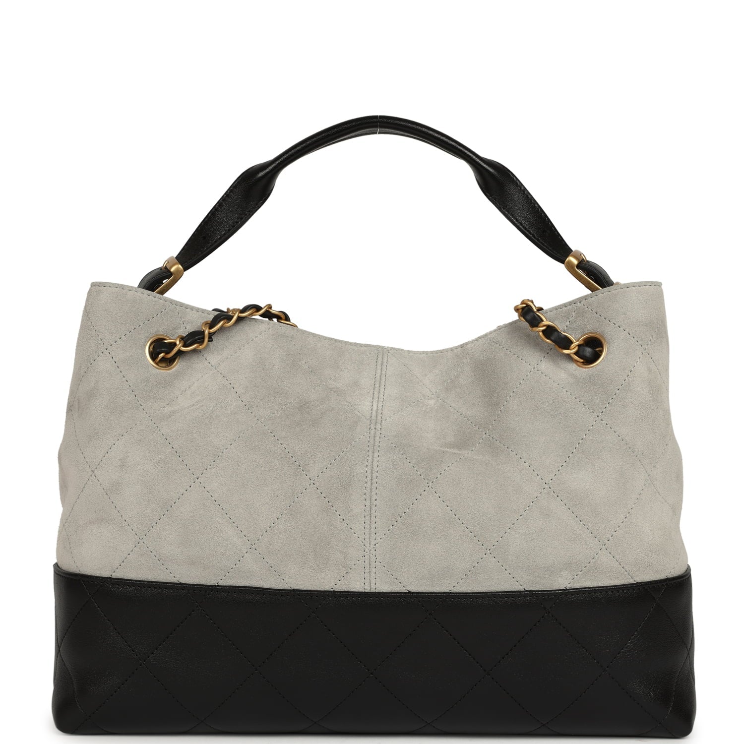 Chanel Small Coco Base Hobo Bag Grey Suede and Black Shiny Lambskin Brushed Gold Hardware