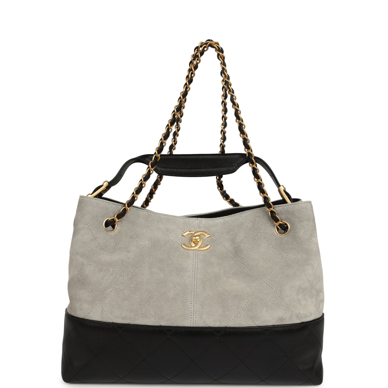 Chanel Small Coco Base Hobo Bag Grey Suede and Black Shiny Lambskin Brushed Gold Hardware