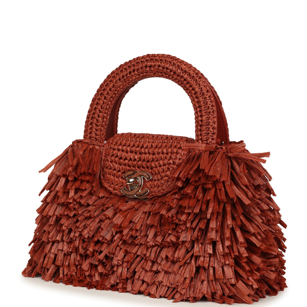 Chanel Small Fringe Kelly Dark Red Raffia Wood and Light Gold Hardware