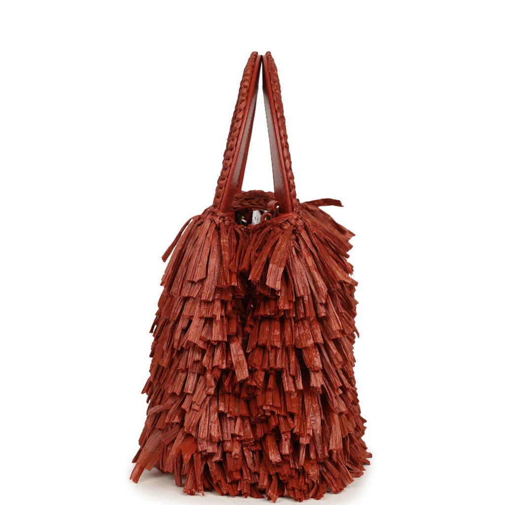 Chanel Small Fringe Kelly Dark Red Raffia Wood and Light Gold Hardware
