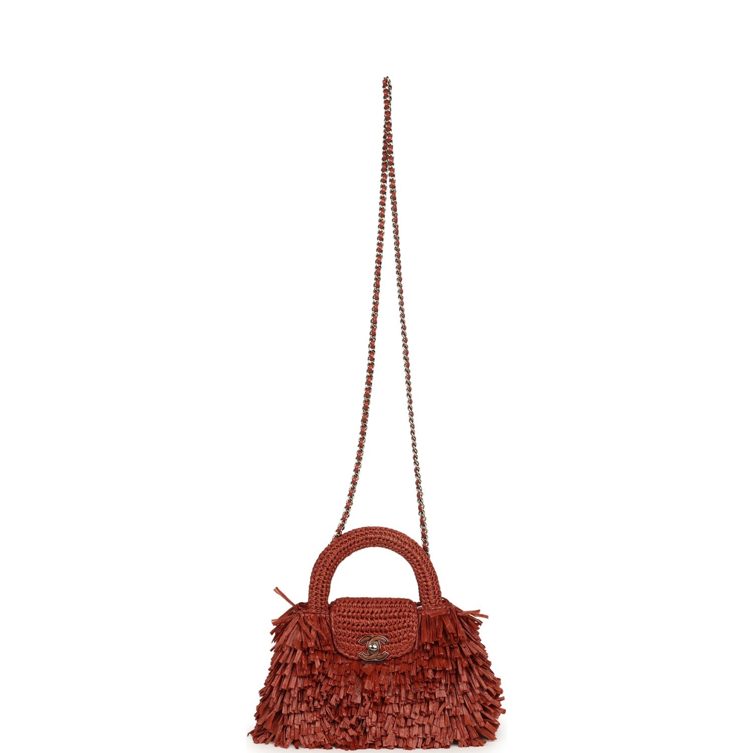 Chanel Small Fringe Kelly Dark Red Raffia Wood and Light Gold Hardware